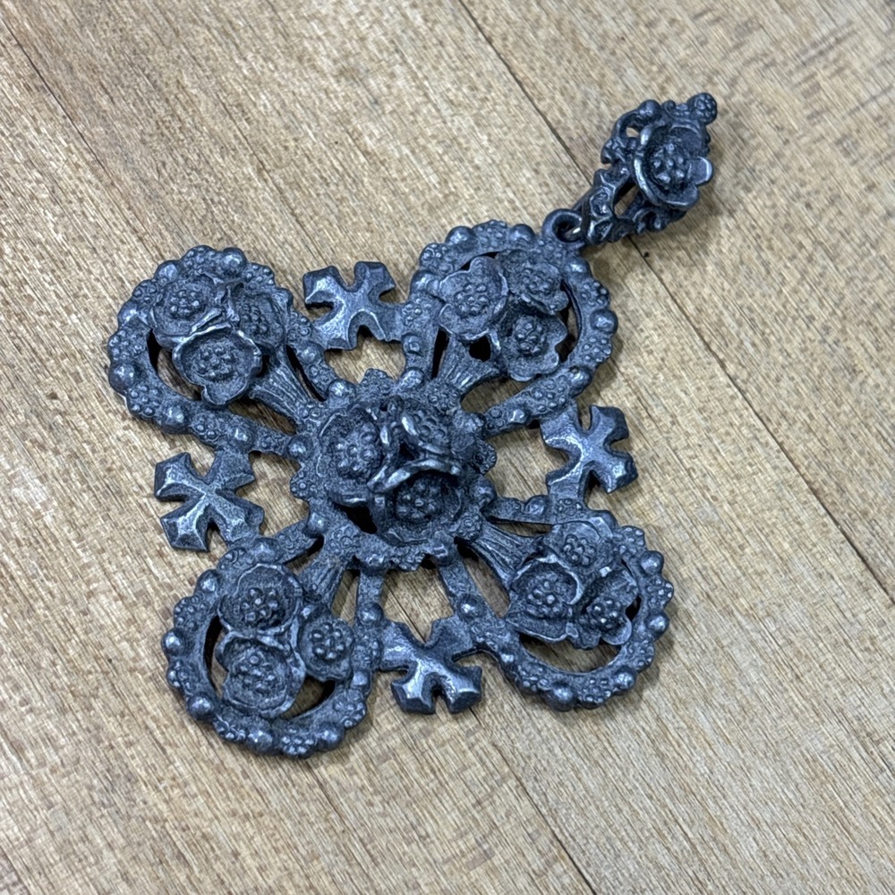 Vintage Stanholm Pewter Jerusalem Brutalist Rosette Cross Pendant 3828
